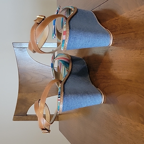 Anthropolgie Miss Albright platform wedge denim rainbow bow heels - Picture 5 of 6